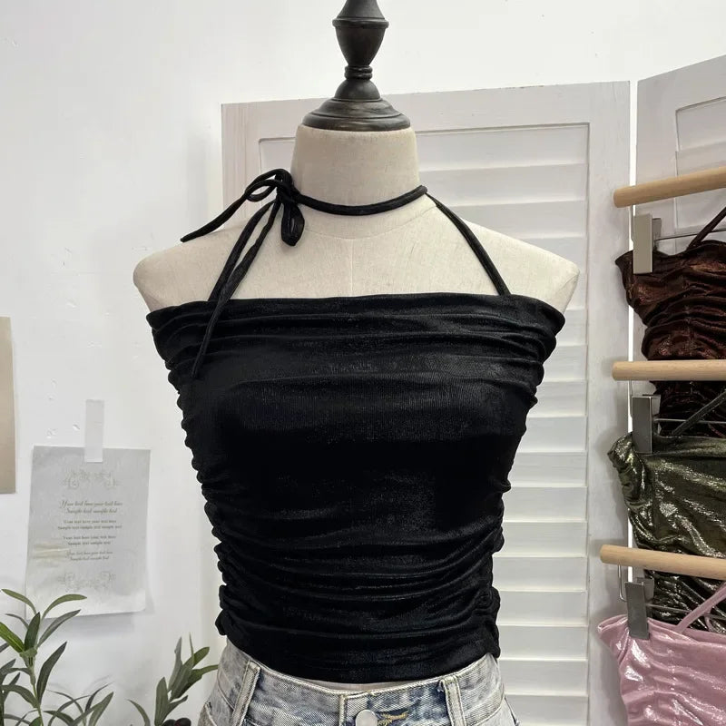Pydshop Women's Sexy Pleated Halter Neck Gilt Sleeveless Short Camisole Y2K Tube Top Casual PartyClub Streetwear Essential Outfits 1368