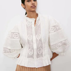 Pydshop White Lace Cotton Floral Embroidery Puff Sleeve Top