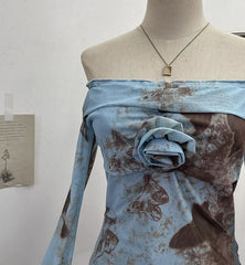 Pydshop Women's Retro Sfumato One Shoulder Flare Long Sleeve T-Shirt Chic Floral Bell Sleeve Off-The-Shoulder Mesh Top Blouse Club Wear