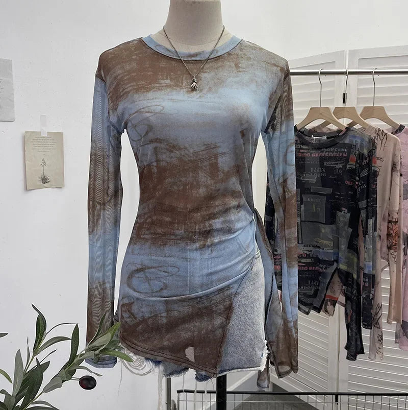 Pydshop Women's Retro Tie Dye Printed Mesh Bottoming Long Sleeve Top Sexy See-through Irregular Strappy Short T-Shirt Party Streetwear