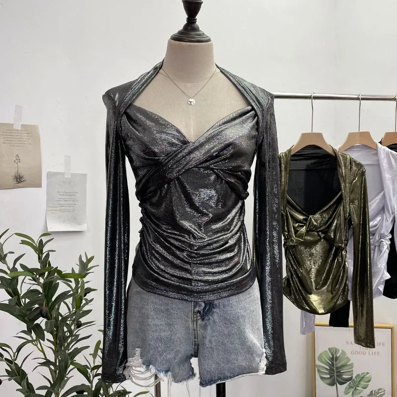 Pydshop Women's Sexy Twist V-neck Pleated Slim Fit Long Sleeve Bottoming Shirt Casual PartyClub Streetwear Y2K Top Essential Outfits8989