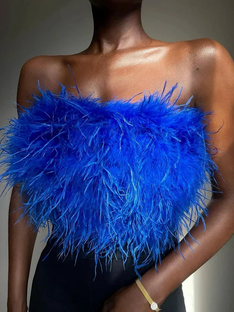 Pydshop Fur Feather Strapless Bustier Fluffy Corset Tube Top
