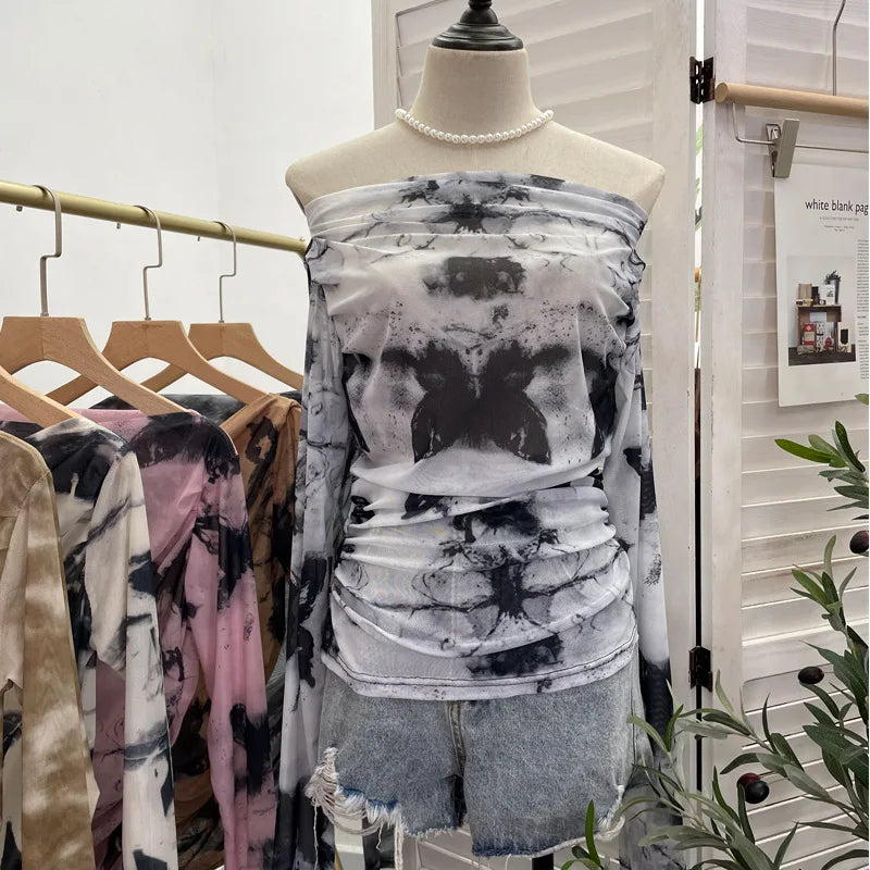 Pydshop Retro Tie Dye Pleated One Shoulder Long Sleeved T-shirt For Women Summer Sexy See Through Mesh Irregular Top y2k PartyClub Wear