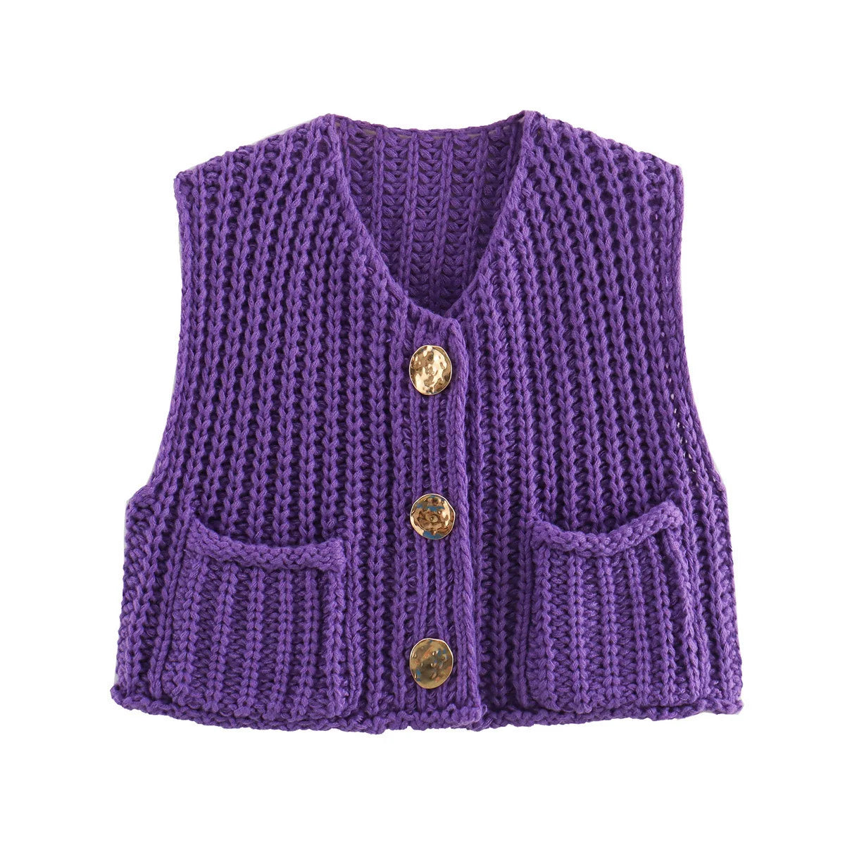 Pydshop Fashion Sleeveless Knitted Cardigan Vests For Women Autumn New Short Sweater Button With Pockets Solid Color Knitted Top