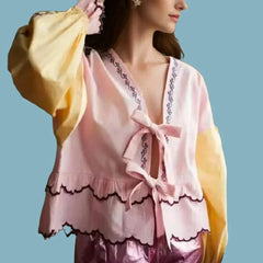 Pydshop Contrast Puff Sleeve V-Neck Lacing Up Bow Wave Line Hem Top