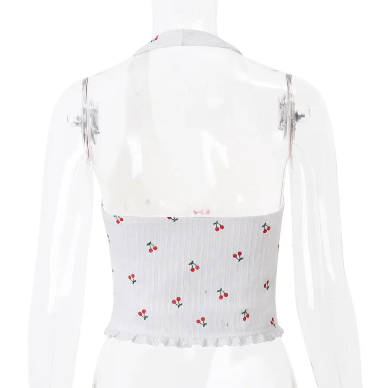 Pydshop Floral Knit Halter White Crop Top