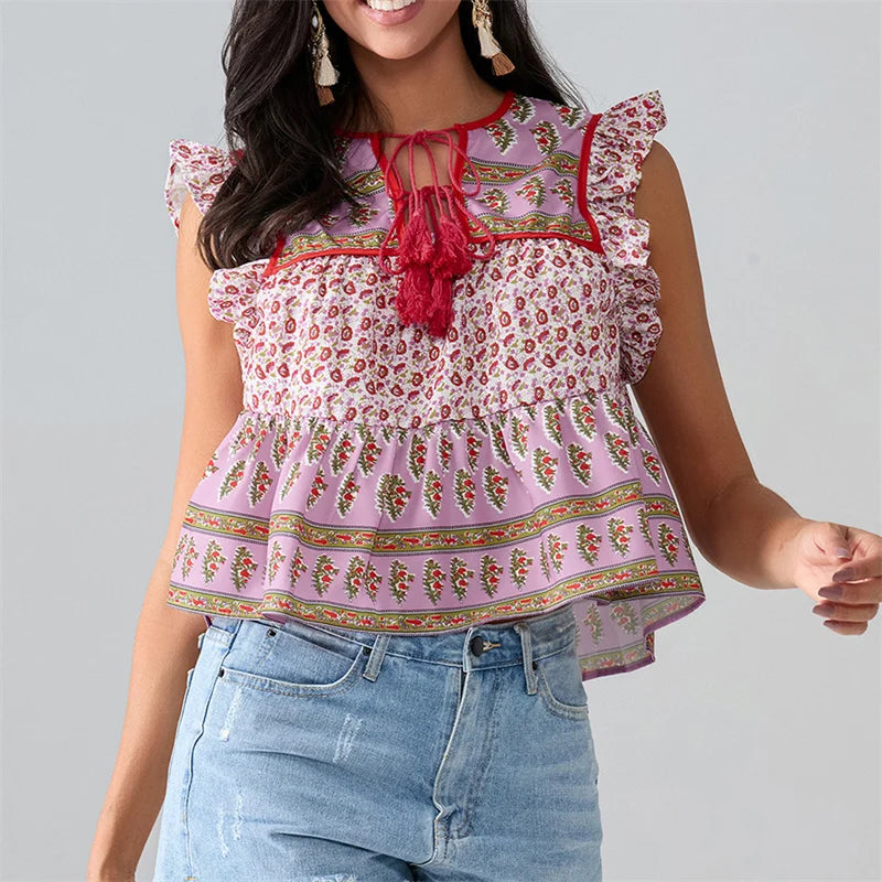 Pydshop Women Boho Tie Front Peplum Top Stripe Floral Print Flowy Fringe Sleeve Ruffle Crop Top Babydoll Blouse Tee Shirt Party Clubwear