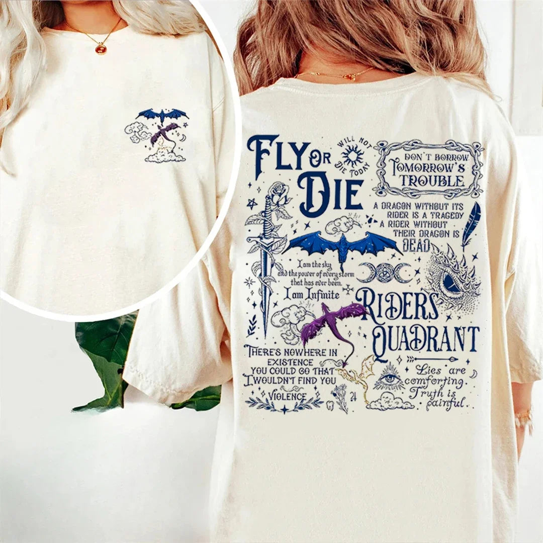 Pydshop Basgiath War College Dragon Rider Retro Shirt  2 Side Patten Cotton Tee Fourth Wing Riders T-Shirt Fantasy Apparel Y2K Top