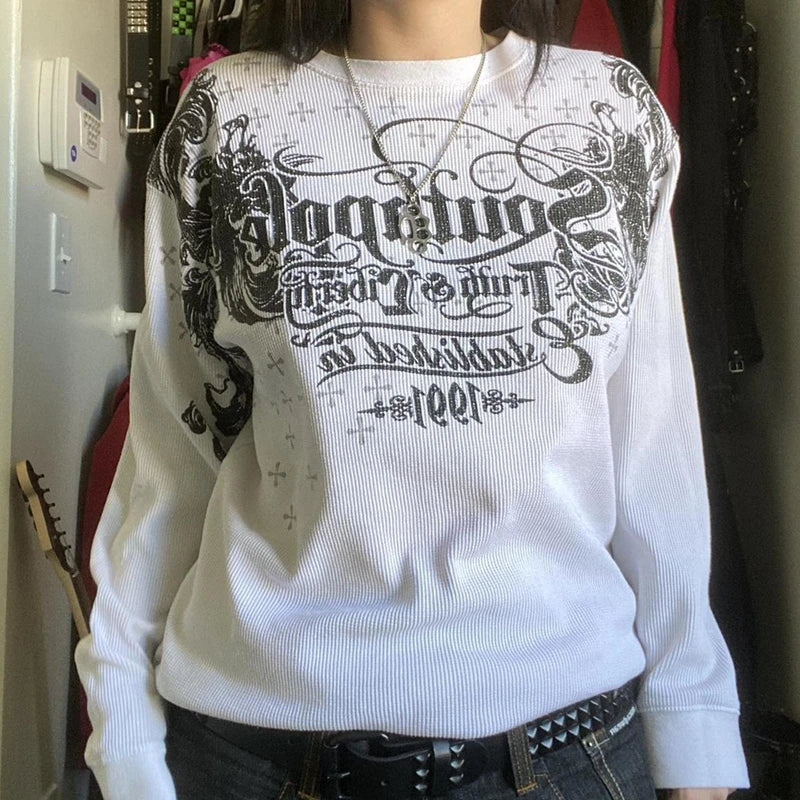 Pydshop Graphic Print O Neck Long Sleeve Oversized T-shirt 00s Vintage Emo Baggy Tops Y2K Cyber Grunge Clothes Harajuku Streetwear