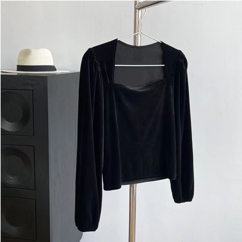 Pydshop Black Velvet Blouses Women Solid Minimalist Slim Elegant Blusas Ropa Mujer Square Collar Long Sleeve Autumn Tops Fall Outfits 2023