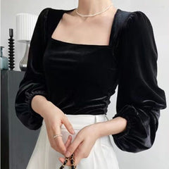 Pydshop Black Velvet Blouses Women Solid Minimalist Slim Elegant Blusas Ropa Mujer Square Collar Long Sleeve Autumn Tops Fall Outfits 2023
