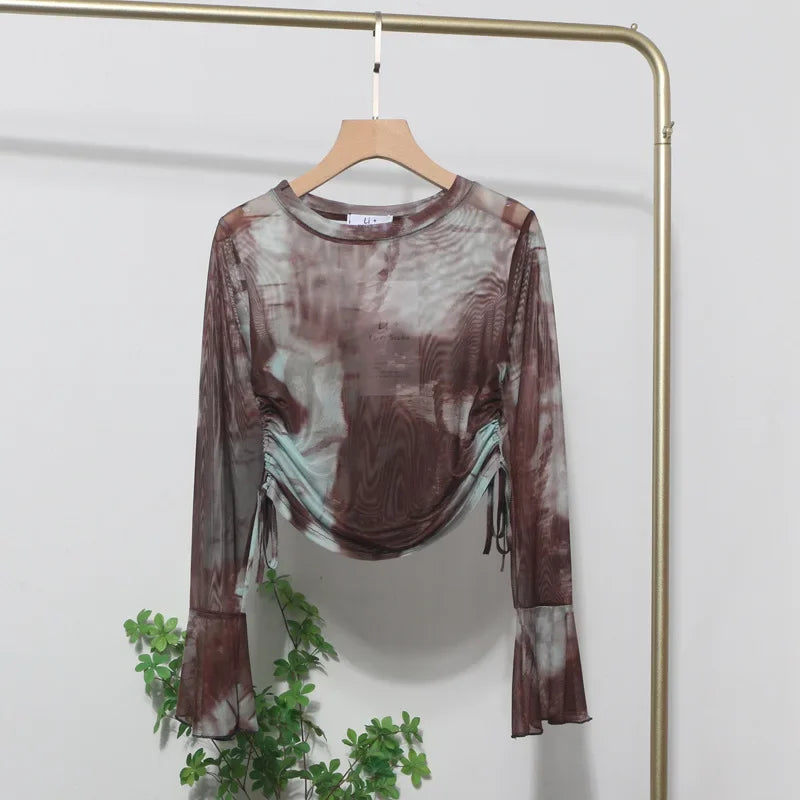Pydshop Women's Sexy See Through Tie Dye Print Mesh Long Sleeve T-shirt Drawstring Lace Up Short Bell Sleeve Top Casual Streetwear 8929