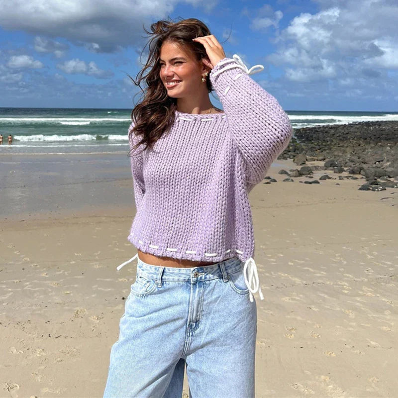Pydshop Contrast Color Knitted Pullover Sweater Top For Women Drawstring Loose Long Sleeve Splice Autumn Winter Fashion Sweater
