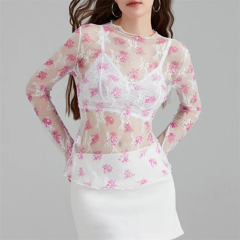 Pydshop Chic Sheer Tops for Women Long Sleeve Mock Neck Lace Mesh Top Sexy See Through Floral Tee Shirt Layering Blouse Y2k Streetwear