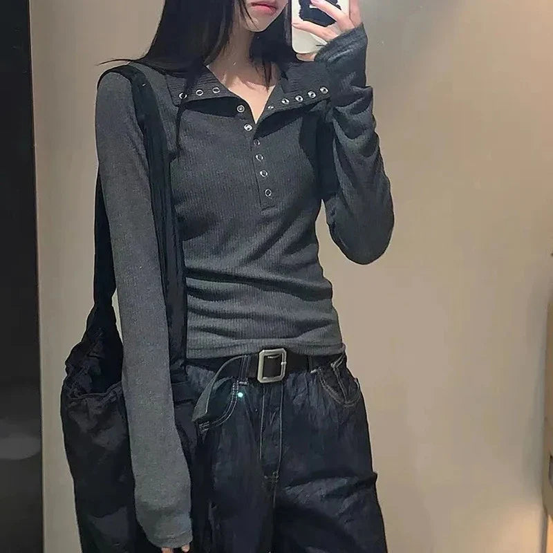 Pydshop Button Up Women's Knitted Sweater Y2K Long Sleeve Slim Fit Pullovers for Women Autumn Winter All Match Bottoming Tops