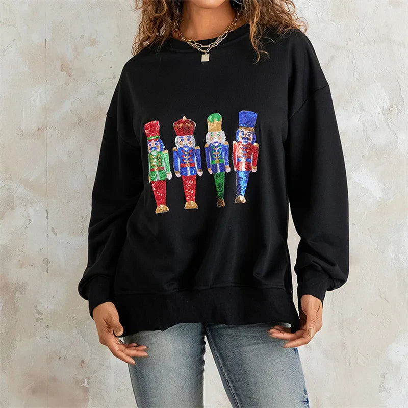 Pydshop Christmas Sequin Sweatshirt Funny Holiday Graphic Sweater Tops Print Crew Neck Long Sleeve Sweatshirts Women Party Clubwear