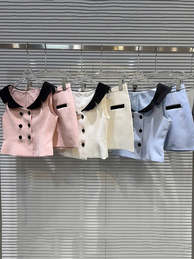 Pydshop Contrast Short Sleeve Buttoned Vest Top And Mini Skirt Set