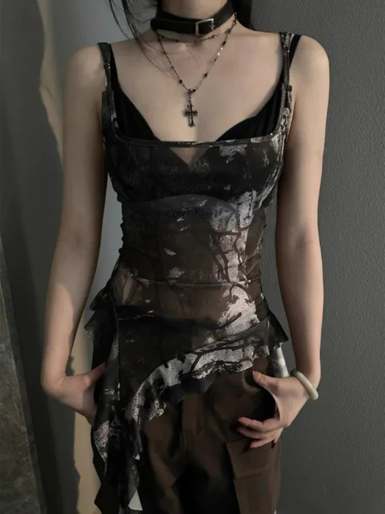 Pydshop Sweet Cool Camouflage Mesh Tank Top Fashion Sexy Slim Fit Ruffles Vest for Women 2024 Summer All-match Camisole Tops Mujer