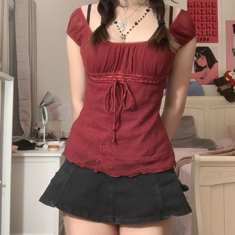 Pydshop Elegant Lady Square Collar T-shirt Kawaii Bow Short Sleeve Pullovers Tees Y2K Vintage Fairy Grunge Women Crop Top Retro Clothes
