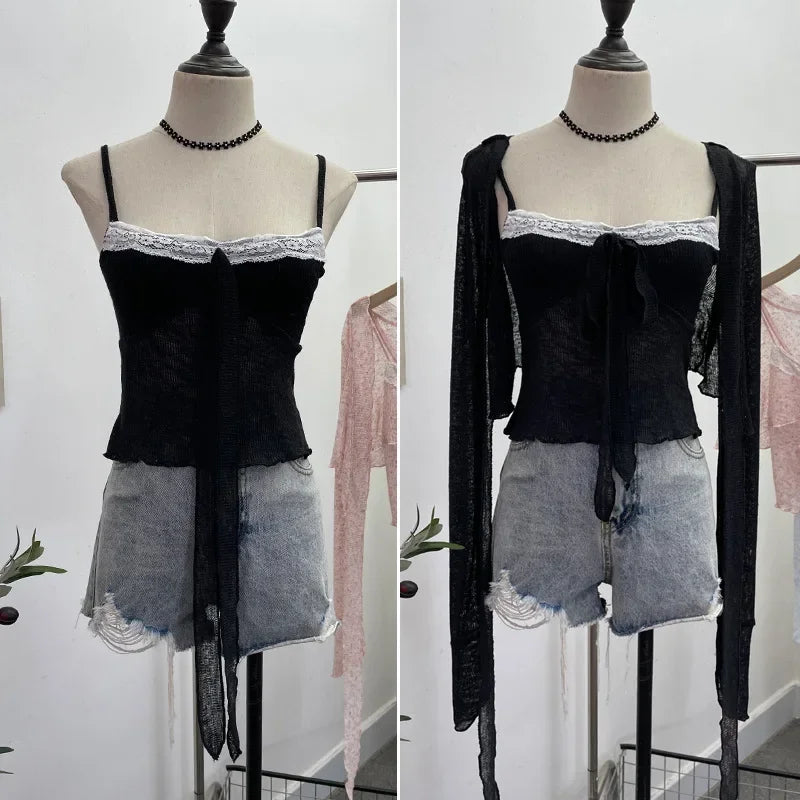 Pydshop Ladies Hottie Lace Bow Lace Up Camisole Short Irregular Streamer Long Sleeve Cardigan Top Knitted Two-Piece Set Y2K Sweety Top