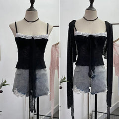 Pydshop Ladies Hottie Lace Bow Lace Up Camisole Short Irregular Streamer Long Sleeve Cardigan Top Knitted Two-Piece Set Y2K Sweety Top