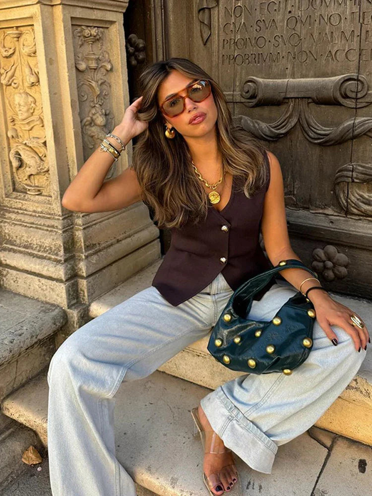 Pydshop Gold Buttons Knitted Tank Top For Women Fashion Solid Sleeveless Slim Fit Knitting Vest Cardigan Autumn New High Street Knitwear