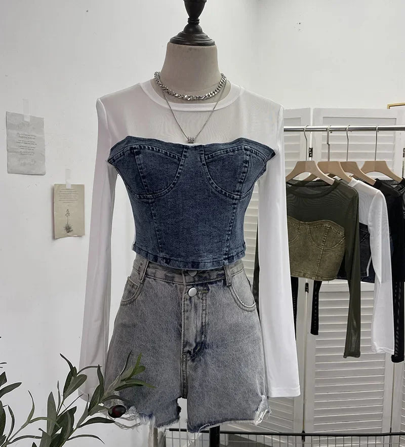Pydshop Women Street Fake Two Piece Denim Splicing Mesh Long Sleeve Slim Fit Crop Top Y2K Top Casual Holiday PartyClub Streetwear 2623