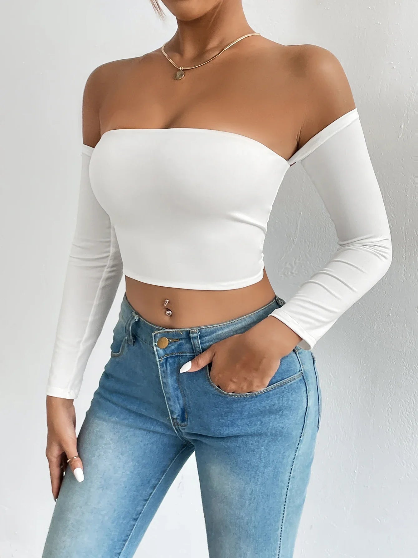 Pydshop Off Shoulder Crop T-Shirt, Casual Long Sleeve Top For Spring & Fall, Women's Clothing