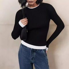 Pydshop Fall Winter Contrast Color Knitted Sweater Female Long Sleeve Thin Knitted Bottoming Stitching Rabbit Fleece Pullover Top