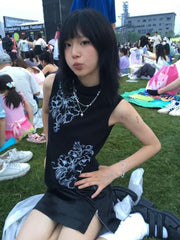 Pydshop Y2k Grunge O-neck Print Black Vests for Women Summer New Sleeveless T-shirts Harajuku Fashion Slim Fit Street Tank Top