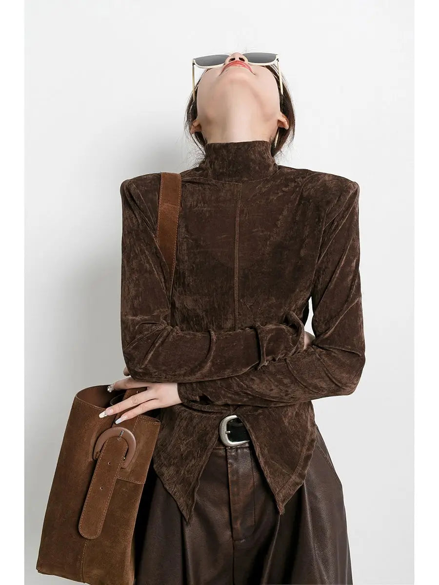 Pydshop Front Side-slit Solid Color Soft Long Sleeve Top