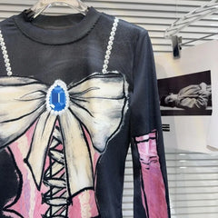 Pydshop Spring Autumn New Bottoming T-shirts Colorful Hand Drawn Bow Print O-neck Tee Shirt Y2k Slim Fit Long Sleeve Tops Women