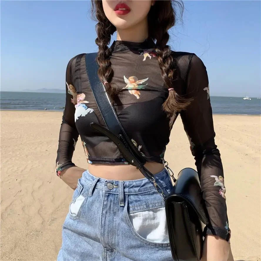 Pydshop New Arrival Women Angel Tee Sexy Women T Shirt See Through Transparent Mesh Top Long Sleeve Sheer Slim Ladies Turtleneck Blouse