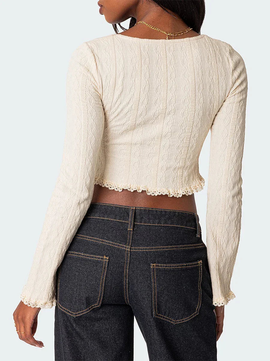 Pydshop Chic Jacquard Vintage Crop Top Autumn Long Sleeve Tee Shirts Female V Neck Tie UP Bow T shirts Y2K Lace Hem Shirts Clothing