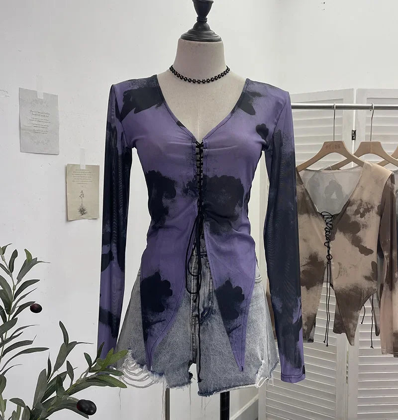 Pydshop Retro Hot Girl Tie Dye Printed Long Sleeve Shirt V-neck Lace Up Irregular Shoulder Pads T-shirt Short Top Casual Streetwear 2622