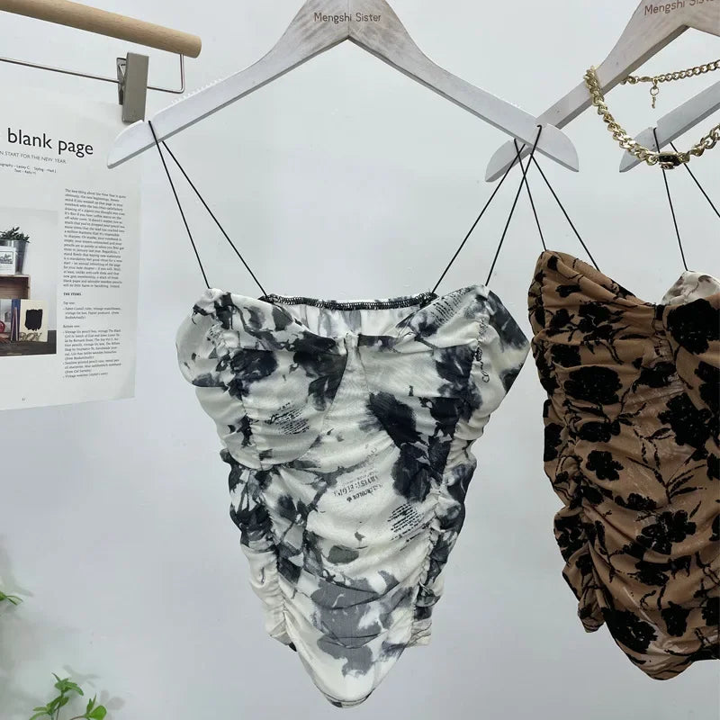 Pydshop Women Retro Tie Dye Printed Spaghetti Strap Camisole Sexy Mesh Pleated Short Tube Top With Breast Pads Sleeveless Casual Y2K Top