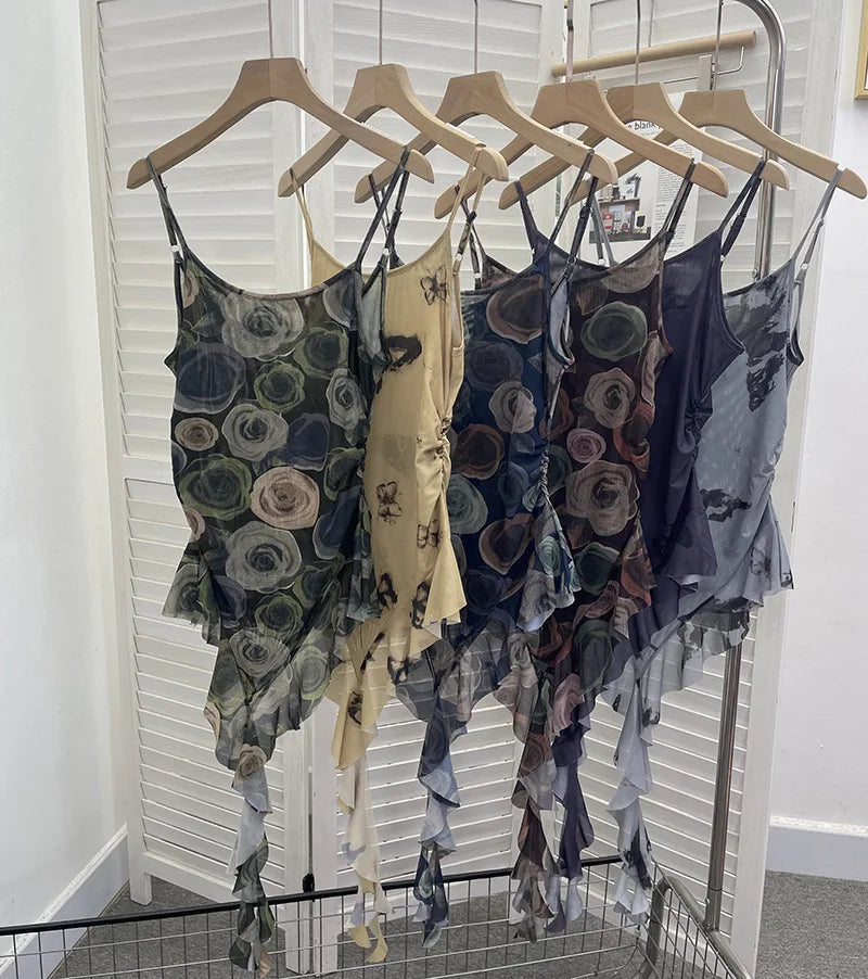 Pydshop Sexy Hot Girl Mesh Printed Camisole Slim Fit Irregular Ribbon Ruffled Sleeveless Top Ruffled Vest Party Essential Club Streewear