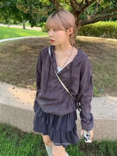 Pydshop Korean Retro Plaid Drawstring Hoodie Button Tops Women 2024 Autumn New Loose Blouses Y2k Grunge Long Sleeve Blusas Mujer Shirt