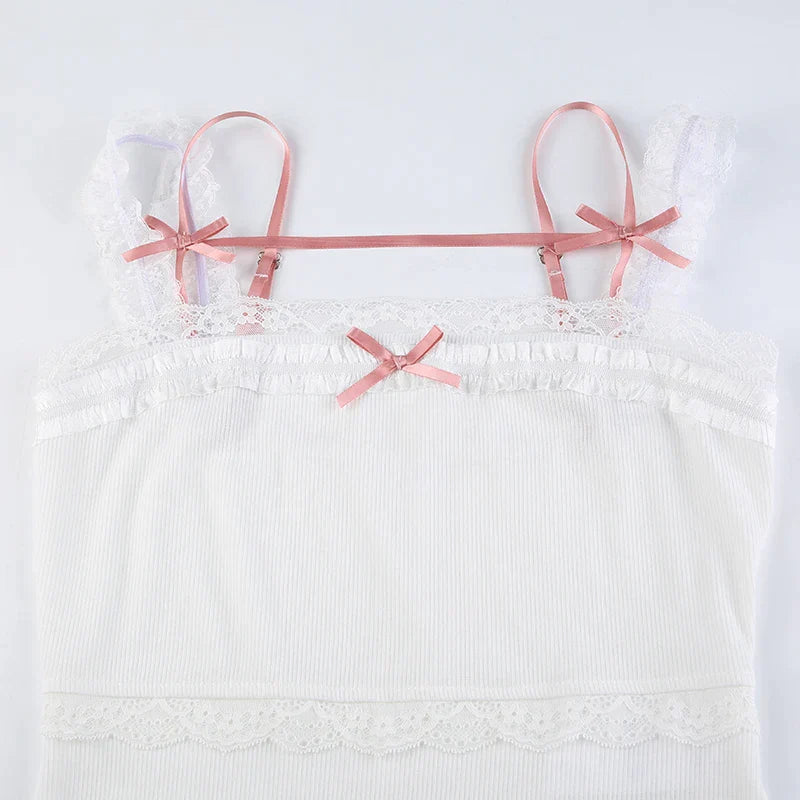 Pydshop 2024 Fashion Woman tops y2k style Sweet White Bow Crop Lace Patched Top