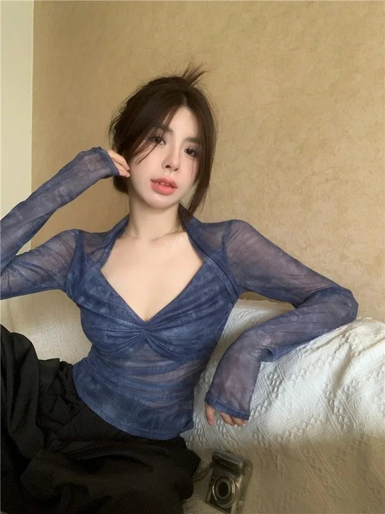 Pydshop Vintage V-neck Ruched Thin Mesh Tee Shirt Summer New Slim Fit Tops Women Y2k Grunge Long Sleeve Sun Protection T-shirts