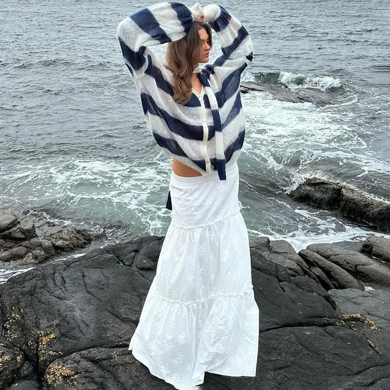 Pydshop Fashion Striped Sweater Cardigan With Scarf Female Loose Thin Hollow Knitted Top Lantern Sleeve Contrast Color Retro Top