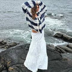 Pydshop Fashion Striped Sweater Cardigan With Scarf Female Loose Thin Hollow Knitted Top Lantern Sleeve Contrast Color Retro Top