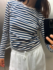 Pydshop Autumn Women Striped Long Sleeve Crop Top Casual Basic Tee Slim Fitted Crew Neck Pullover Tight Shirts Streetwear