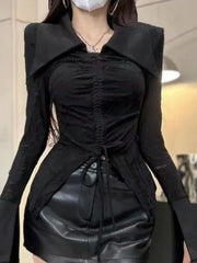 Pydshop American Irregular Slim Fit Split Tops Mujer Early Autumn New Long Sleeve T-shirt for Women Y2k Lapel Neck Drawstring Tee Shirt