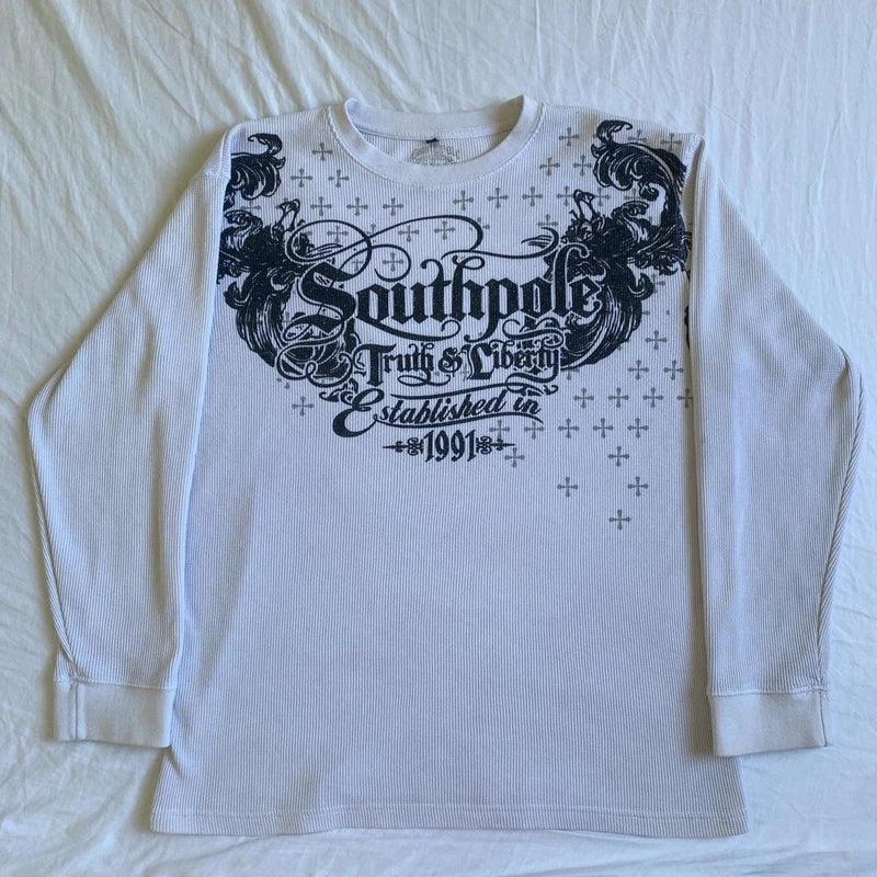 Pydshop Graphic Print O Neck Long Sleeve Oversized T-shirt 00s Vintage Emo Baggy Tops Y2K Cyber Grunge Clothes Harajuku Streetwear