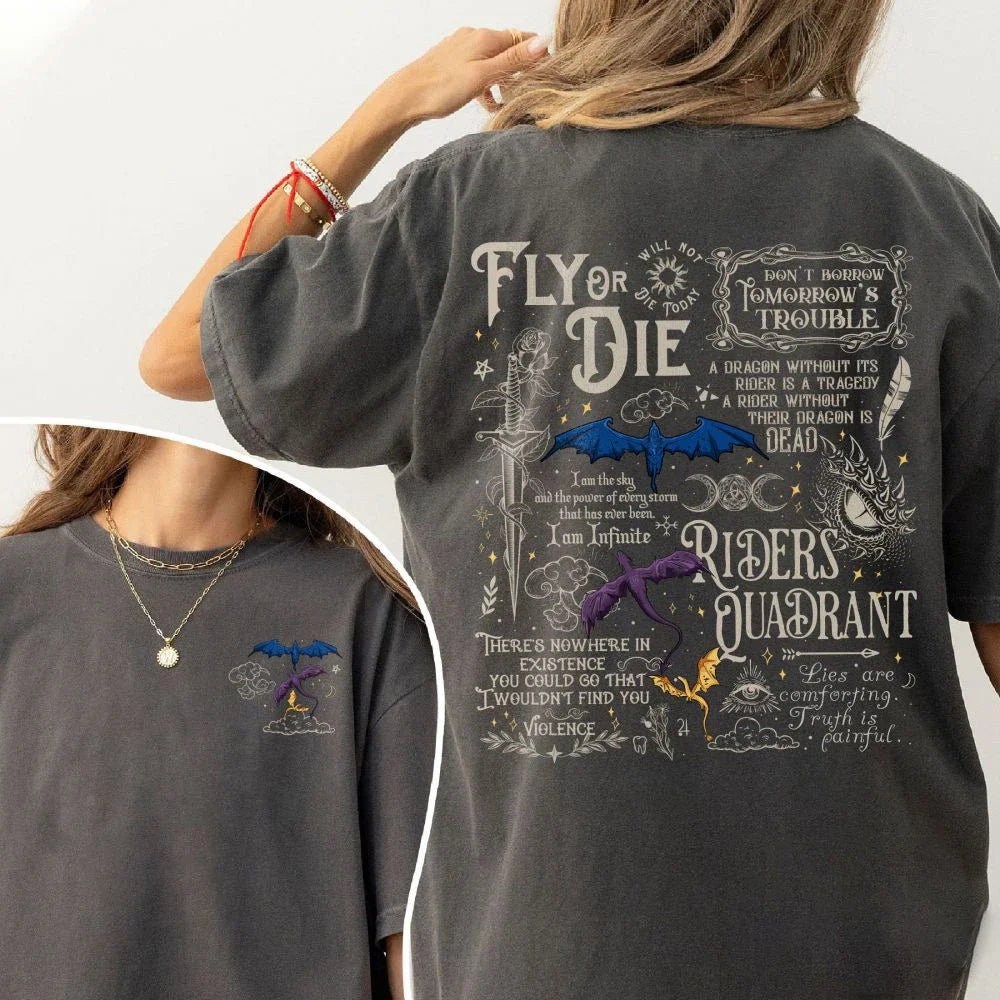 Pydshop Basgiath War College Dragon Rider Retro Shirt  2 Side Patten Cotton Tee Fourth Wing Riders T-Shirt Fantasy Apparel Y2K Top