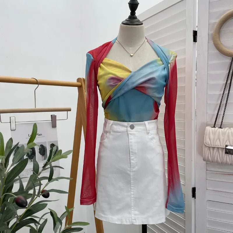 Pydshop Retro Tie Dye Print Halter Neck Bottoming Long Sleeve Top Sexy Hot Girl V Neck Pleated T-shirt Slim Mesh Y2K Top Essential 8929