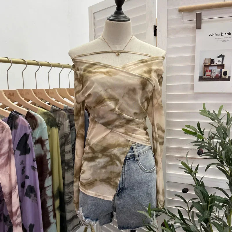 Pydshop Women's Sexy Irregular Cross V-Neck Long Sleeve Top Sexy Tie Dye Print Pleated Mesh Off Shoulder Top Casual Party Streetwear