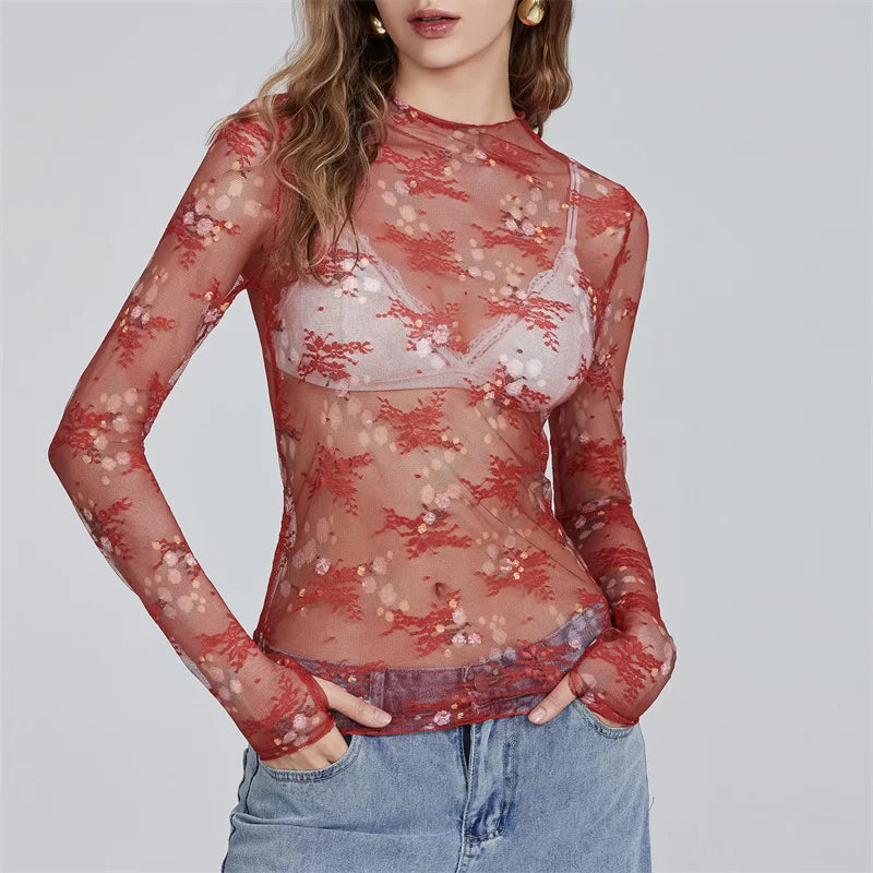 Pydshop Chic Sheer Tops for Women Long Sleeve Mock Neck Lace Mesh Top Sexy See Through Floral Tee Shirt Layering Blouse Y2k Streetwear
