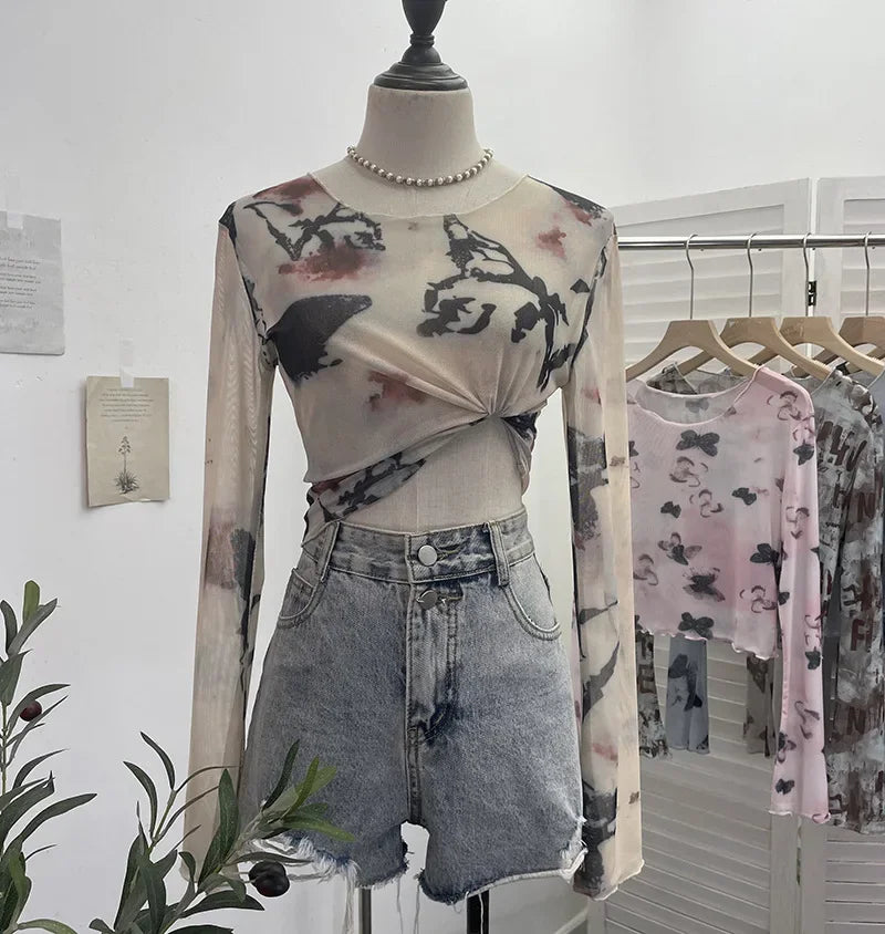 Pydshop Women's Vintage Tie Dye Print Long Sleeve T-Shirt Hot Girl Sexy See Through Mesh Bottoming Short Crop Top 2612 Party Essential